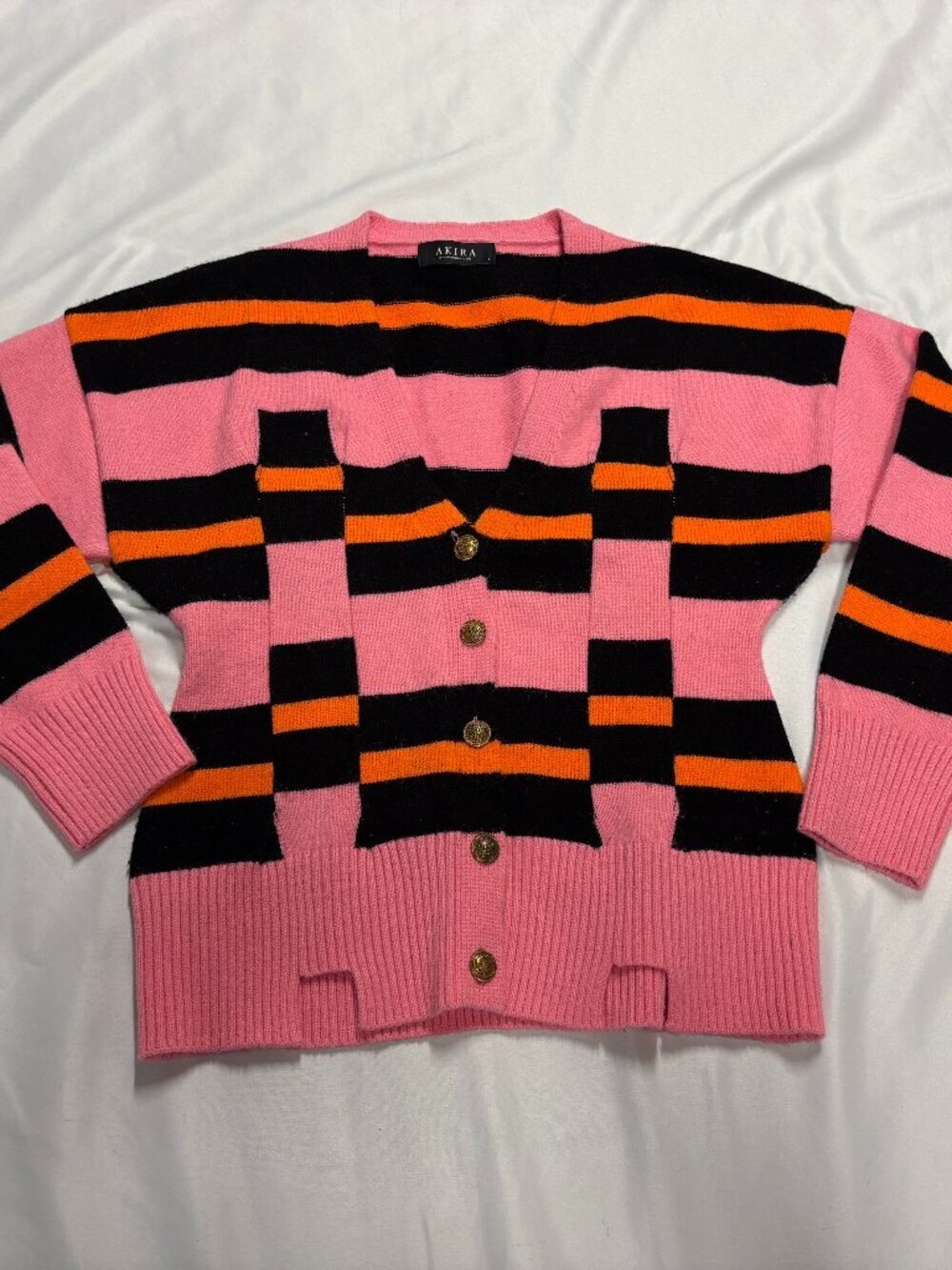 AKIRA bold Pink, Black, & Orange Striped Cardigan Large Lot C